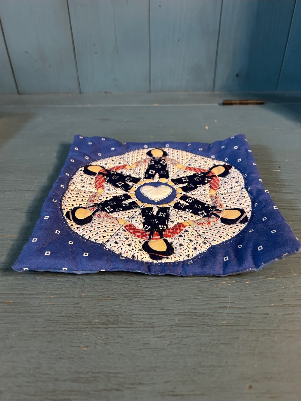 Handcrafted Blue Quilted Pot Holder with Heart Medallion | Farmhouse/Country 8x8
